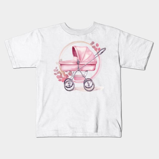 Cute Baby Girl pink stroller and pink wreath Kids T-Shirt by Alienated